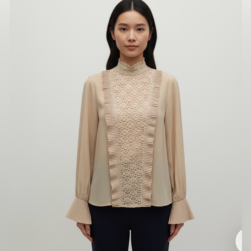 Uterque Beige Lace Blouse with Pleated Accents Size 28/M
